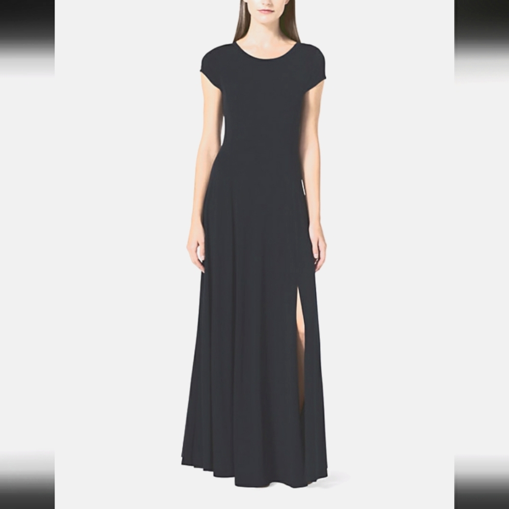 New!MICHAEL Michael Kors Cap-Sleeve Maxi Black Short Sleeve Crew Neck Gown XS
